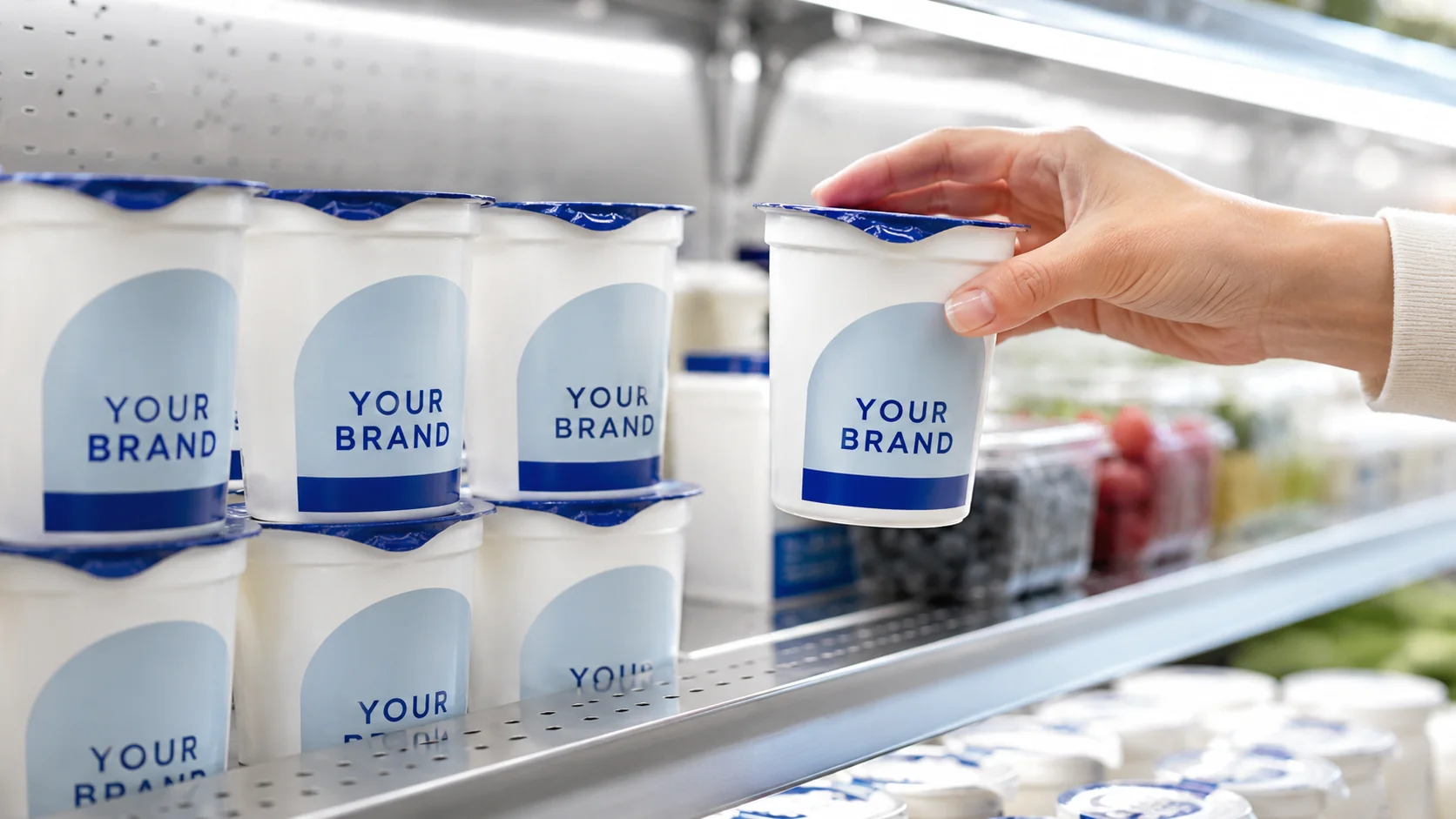 Private label yoghurt products on supermarket shelf